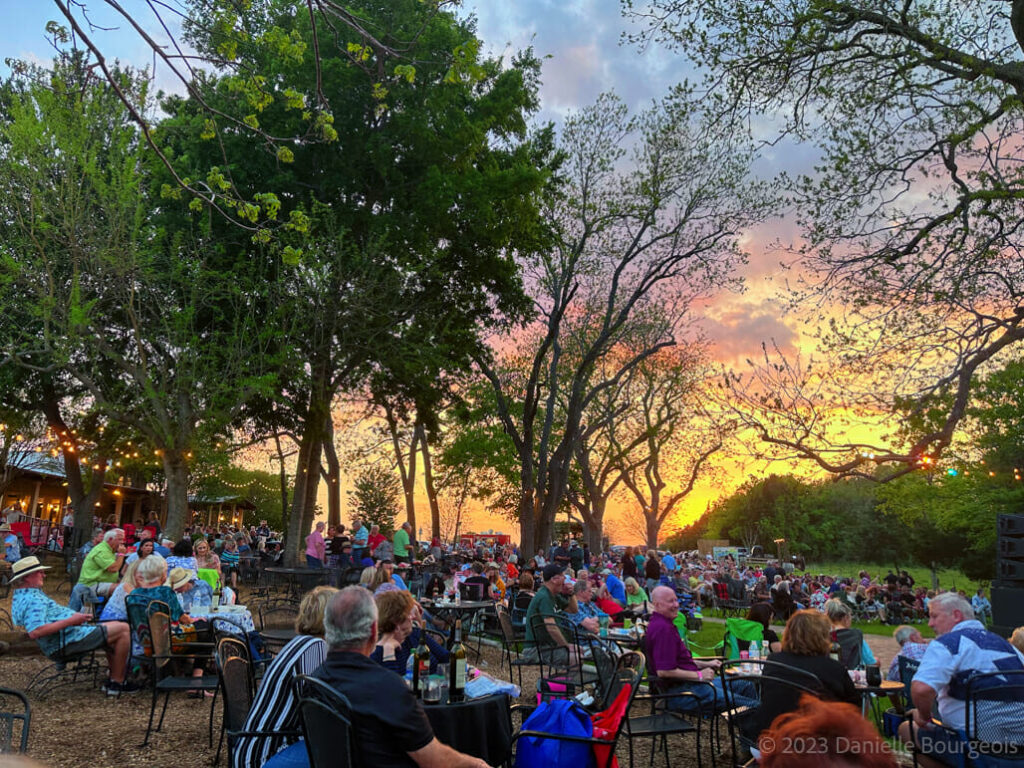 A beautiful sunset was the backdrop for band Already Gone's tribute to The Eagles at Bernhardt Winery near Houston, TX.