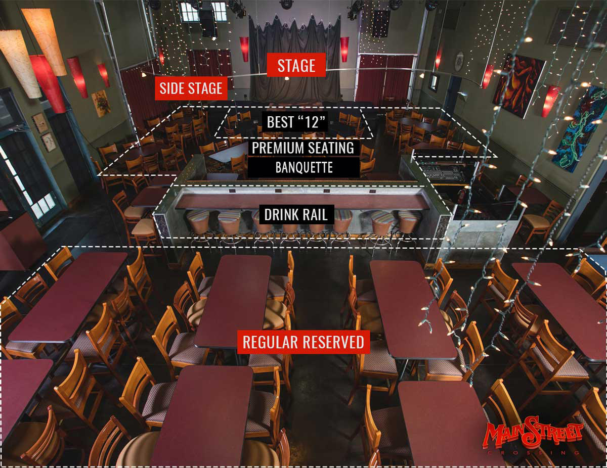 Seating chart for Main Street Crossing showing premium reserved, regular reserved and drink rail sections relative to the stage
