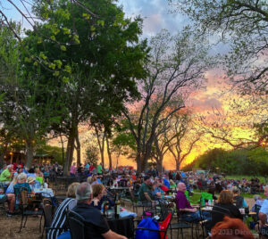 A beautiful sunset was the backdrop for band Already Gone's tribute to The Eagles at Bernhardt Winery near Houston, TX.